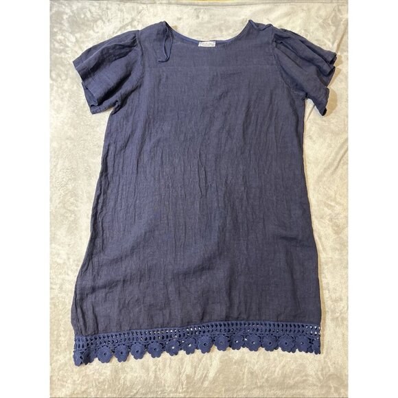 Bellambia 100% Linen Dress Size 2X Plus Short Sleeve Navy Blue Crochet Hem Boho - Picture 4 of 14